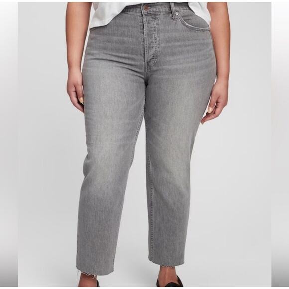 GAP Jeans Women’s 32 14 Cheeky Straight High Rise Button Fly Gray Denim Raw Hem - Picture 1 of 10